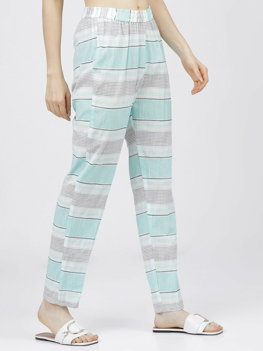 Cream & Blue Striped Boho Harem Pants – Gypsy Peasant Palazzo for Women | Indiaista