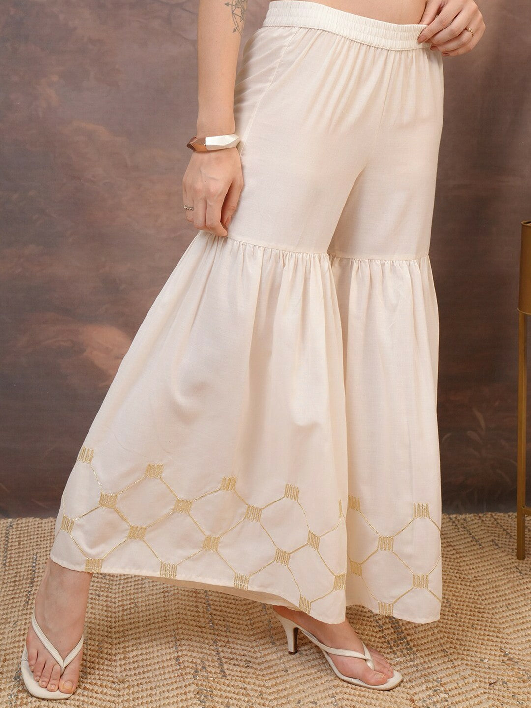 Beige & Gold Embroidered Harem Pants – Boho Gypsy Peasant Palazzo for Women | Indiaista
