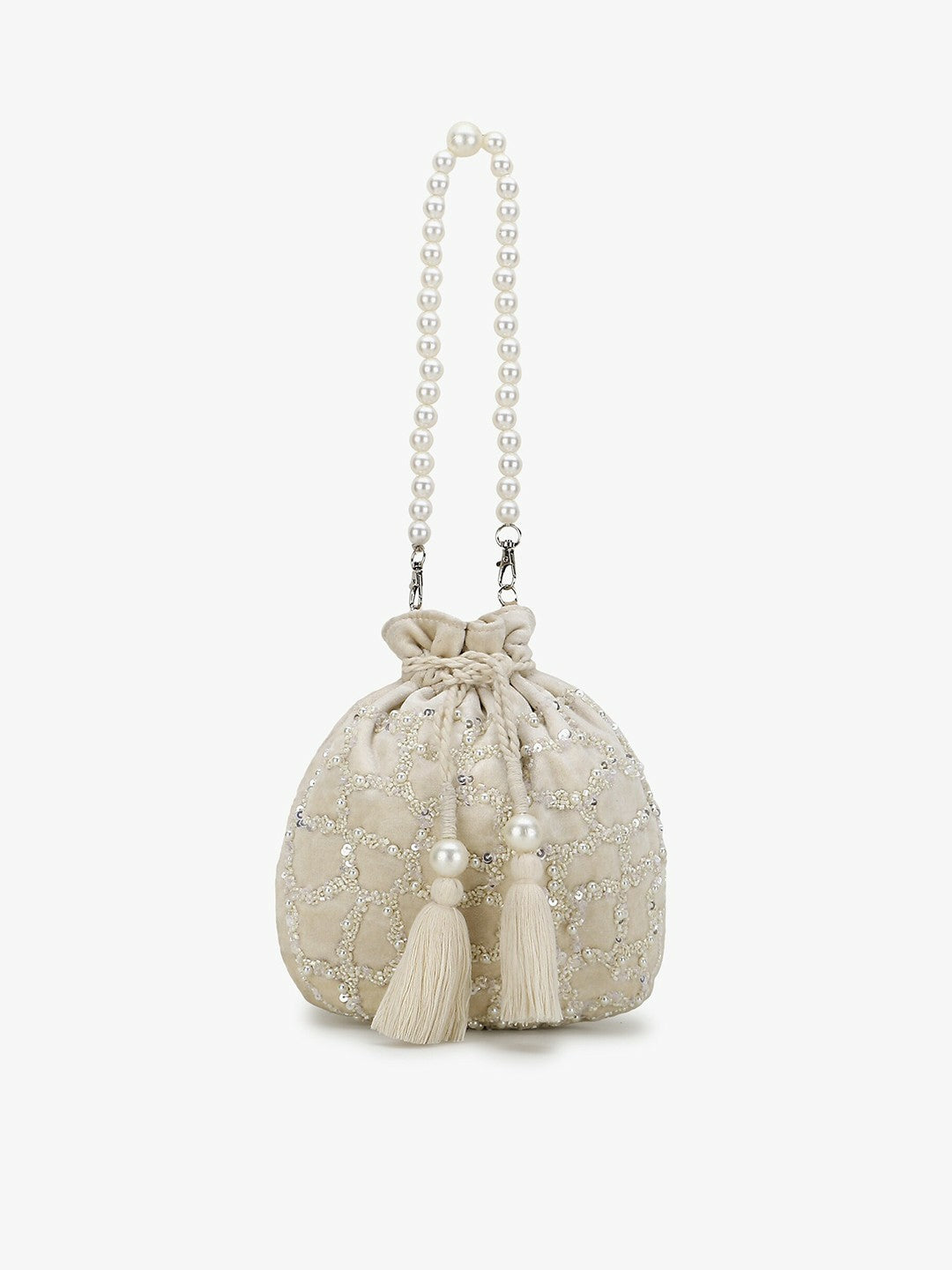 Off-White & Silver Embellished Tassel Potli Clutch – Velvet Ethnic Handbag with Wrist Loop