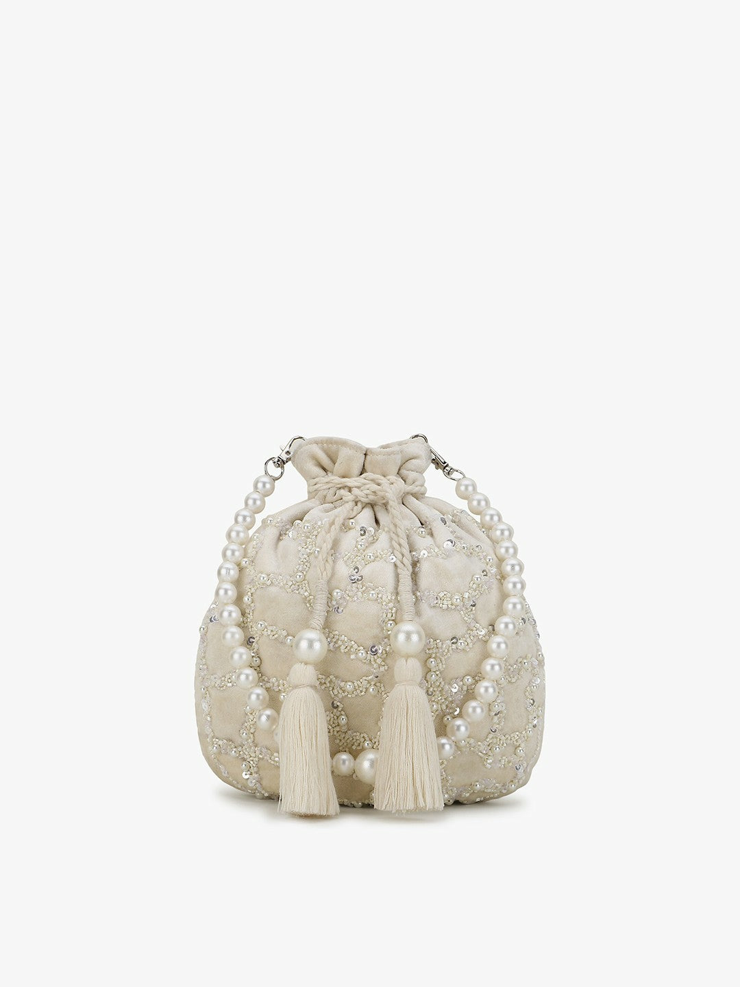 Off-White & Silver Embellished Tassel Potli Clutch – Velvet Ethnic Handbag with Wrist Loop