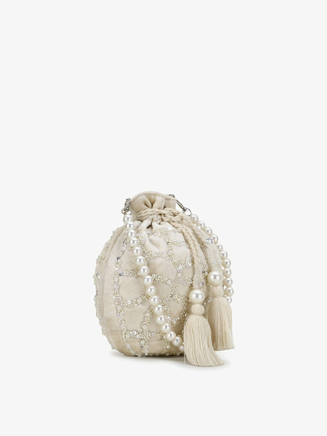 Off-White & Silver Embellished Tassel Potli Clutch – Velvet Ethnic Handbag with Wrist Loop