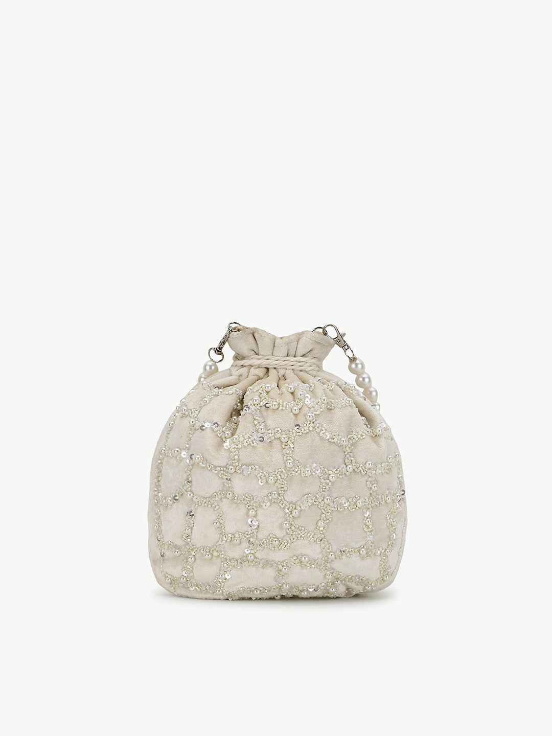 Off-White & Silver Embellished Tassel Potli Clutch – Velvet Ethnic Handbag with Wrist Loop