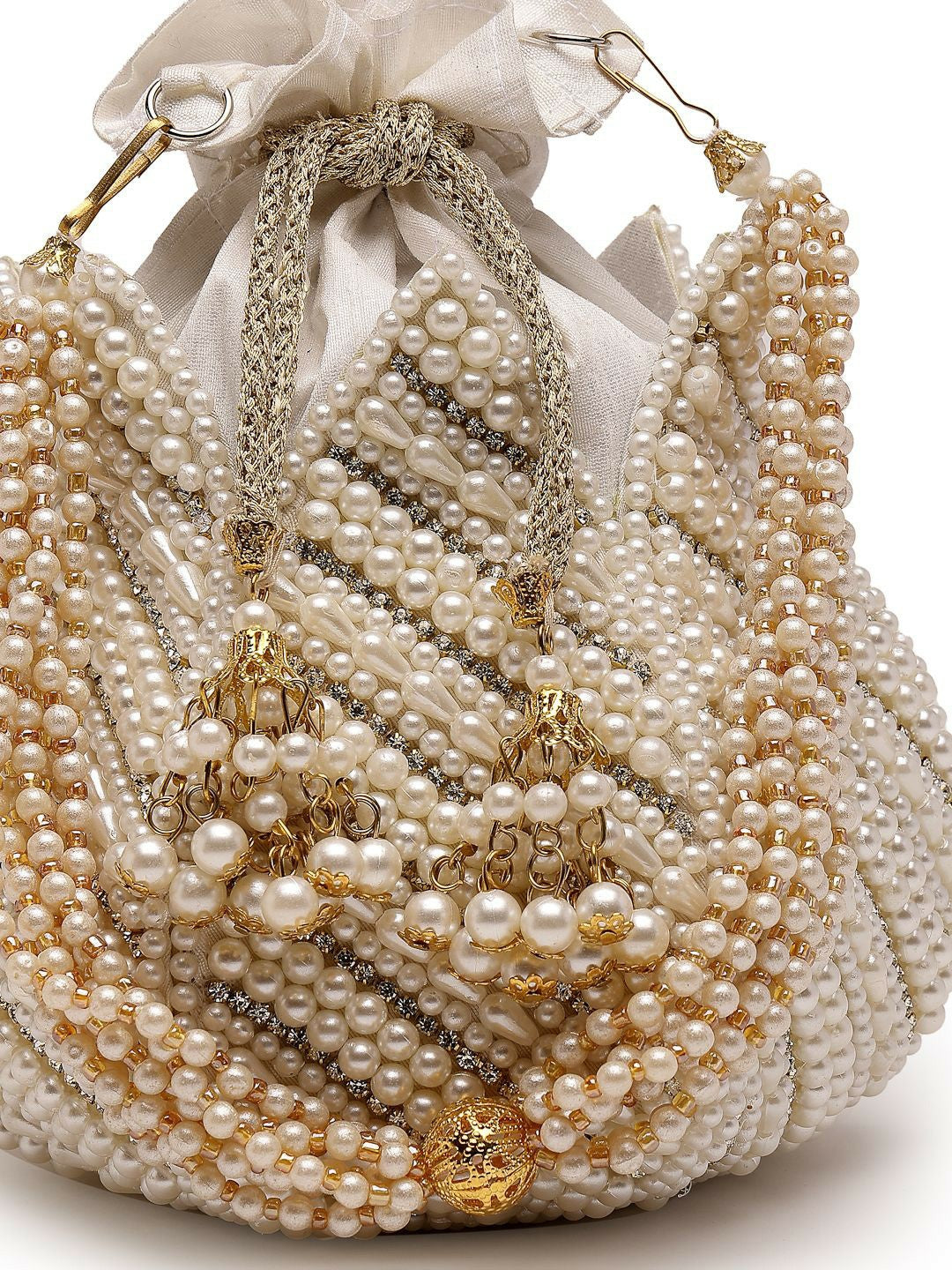 White & Gold Pearl Embellished Potli Clutch – Ethnic Handbag for Weddings & Festive Wear