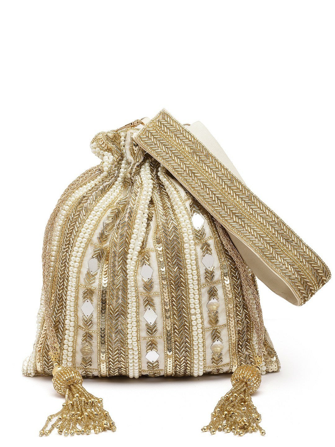 Beige & White Embellished Tasselled Potli Clutch – Faux Silk Ethnic Bag with Wrist Loop