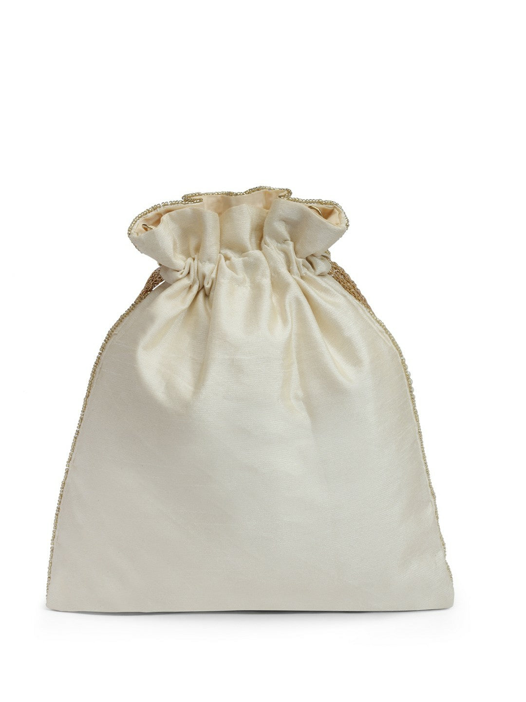 Beige & White Embellished Tasselled Potli Clutch – Faux Silk Ethnic Bag with Wrist Loop