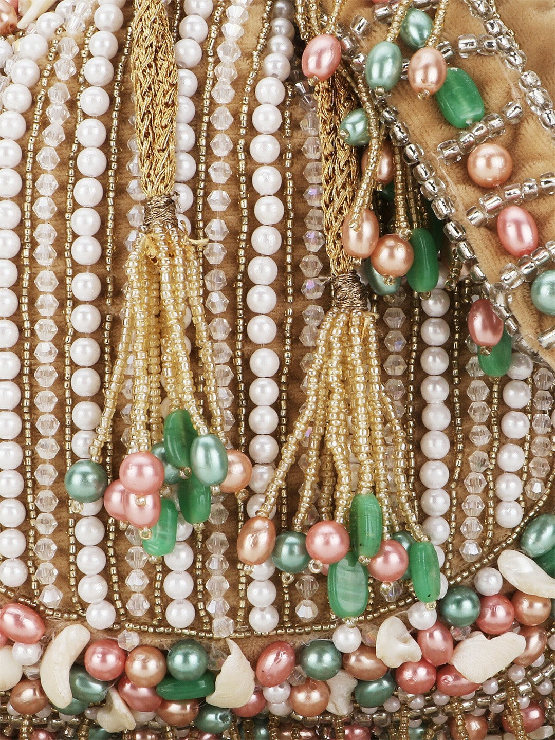 Beige & White Embellished Tasselled Potli Clutch – Elegant Velvet Ethnic Handbag for Weddings & Parties