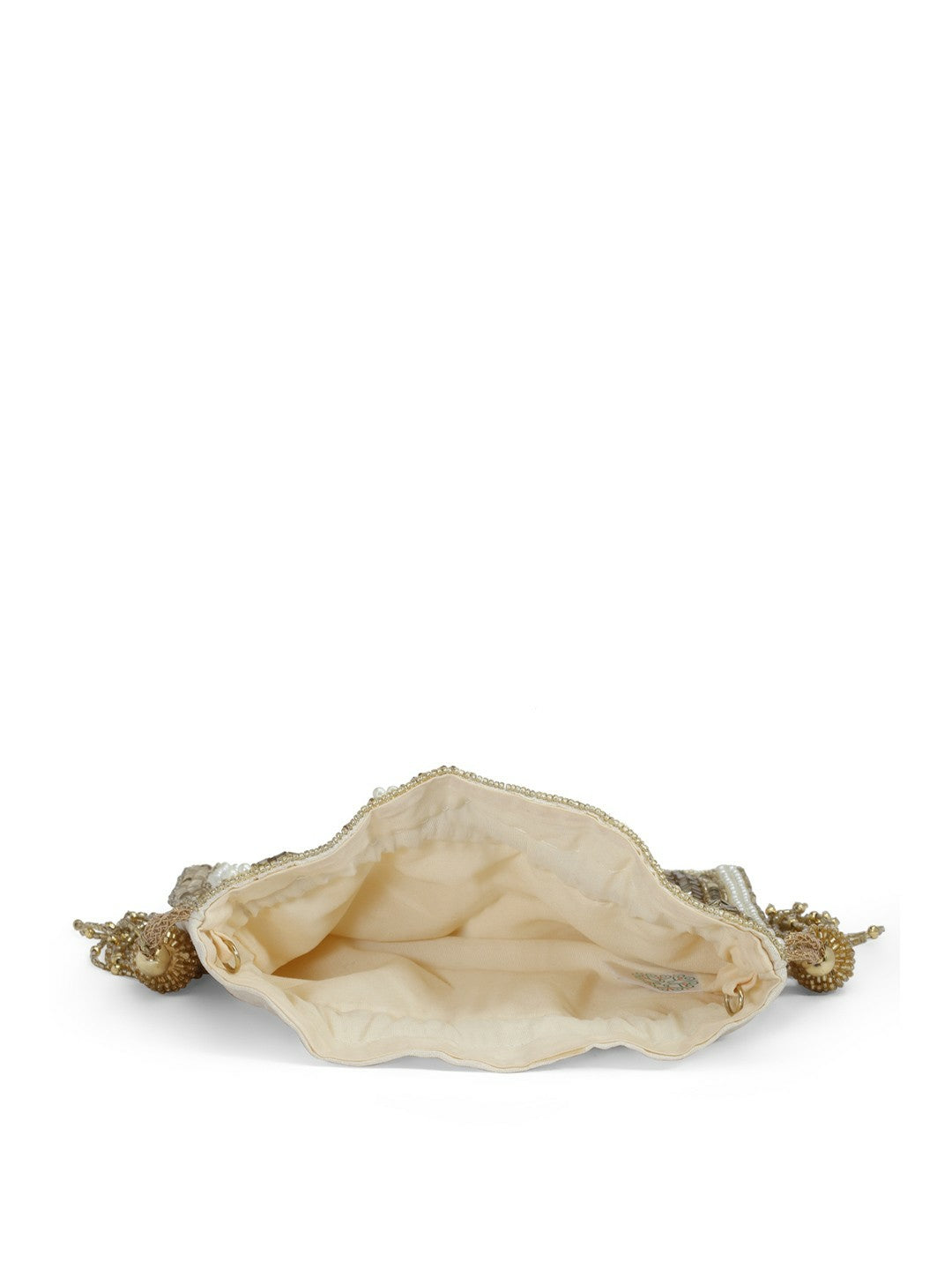 Beige & White Embellished Tasselled Potli Clutch – Faux Silk Ethnic Bag with Wrist Loop