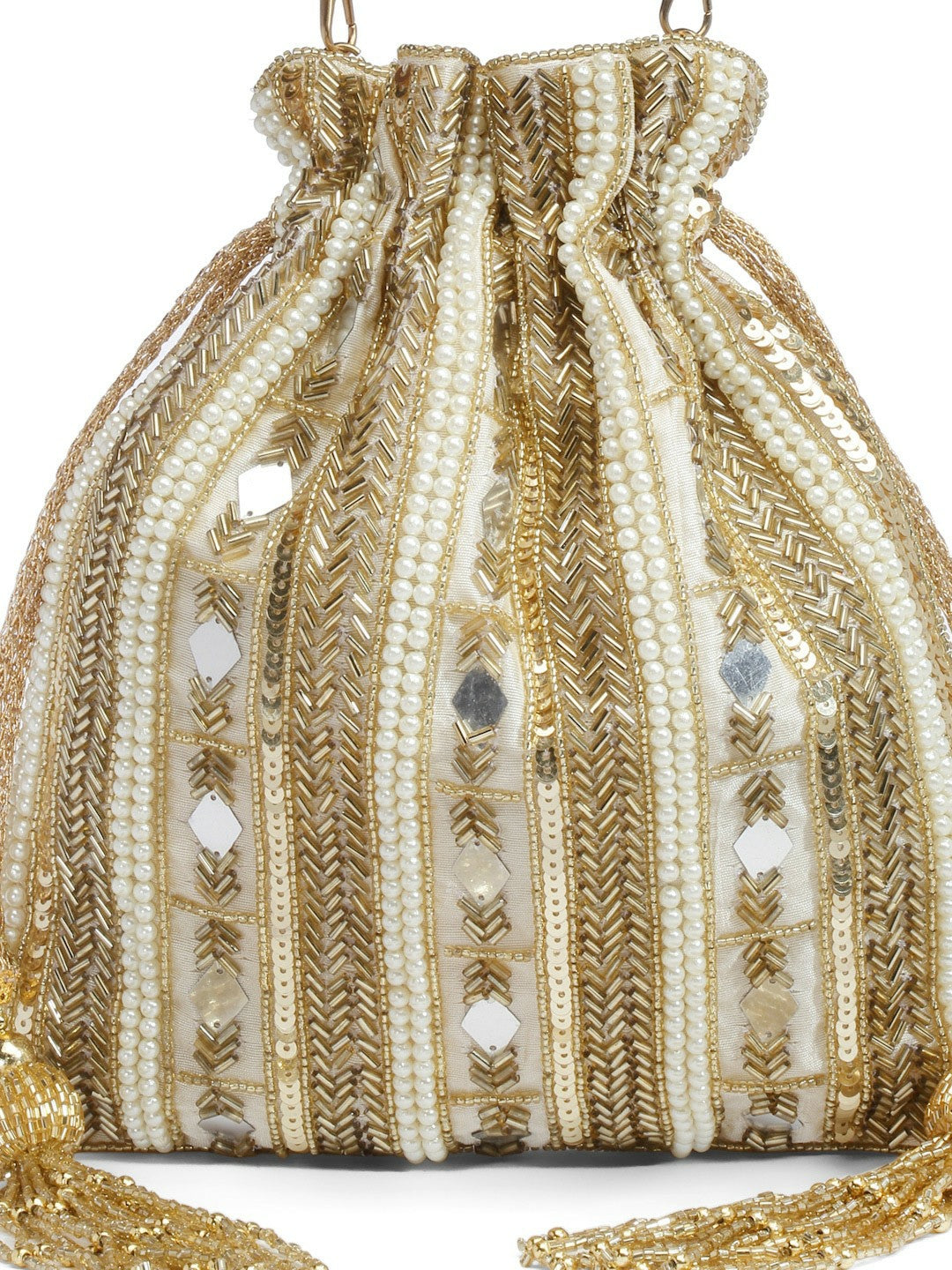 Beige & White Embellished Tasselled Potli Clutch – Faux Silk Ethnic Bag with Wrist Loop
