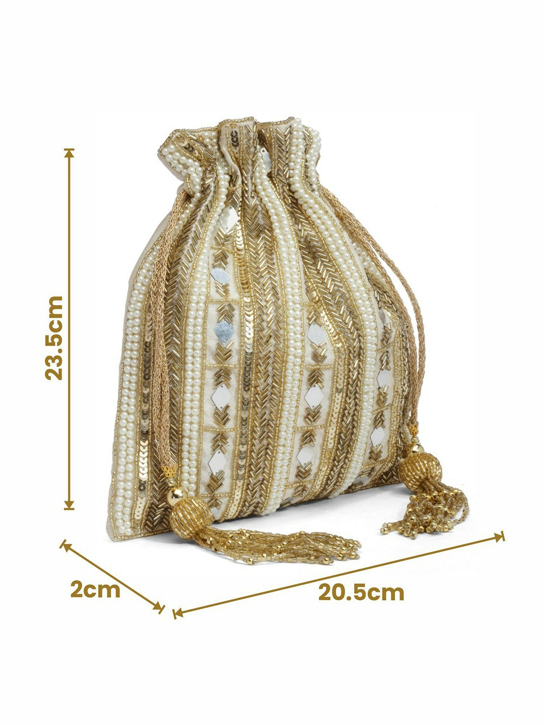 Beige & White Embellished Tasselled Potli Clutch – Faux Silk Ethnic Bag with Wrist Loop