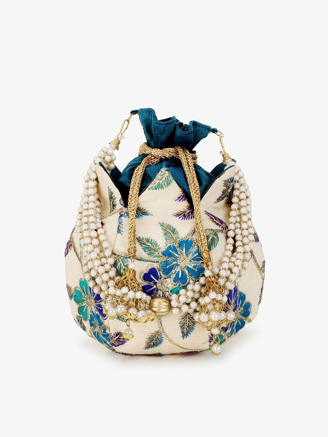 Cream & Blue Embroidered Tassel Potli Clutch – Elegant Faux Silk Bag with Wrist Loop