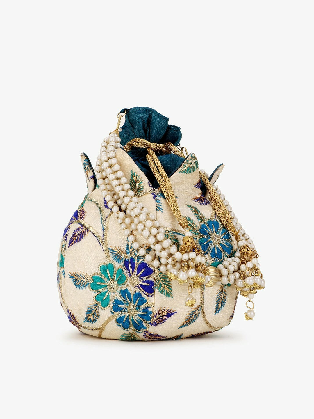 Cream & Blue Embroidered Tassel Potli Clutch – Elegant Faux Silk Bag with Wrist Loop