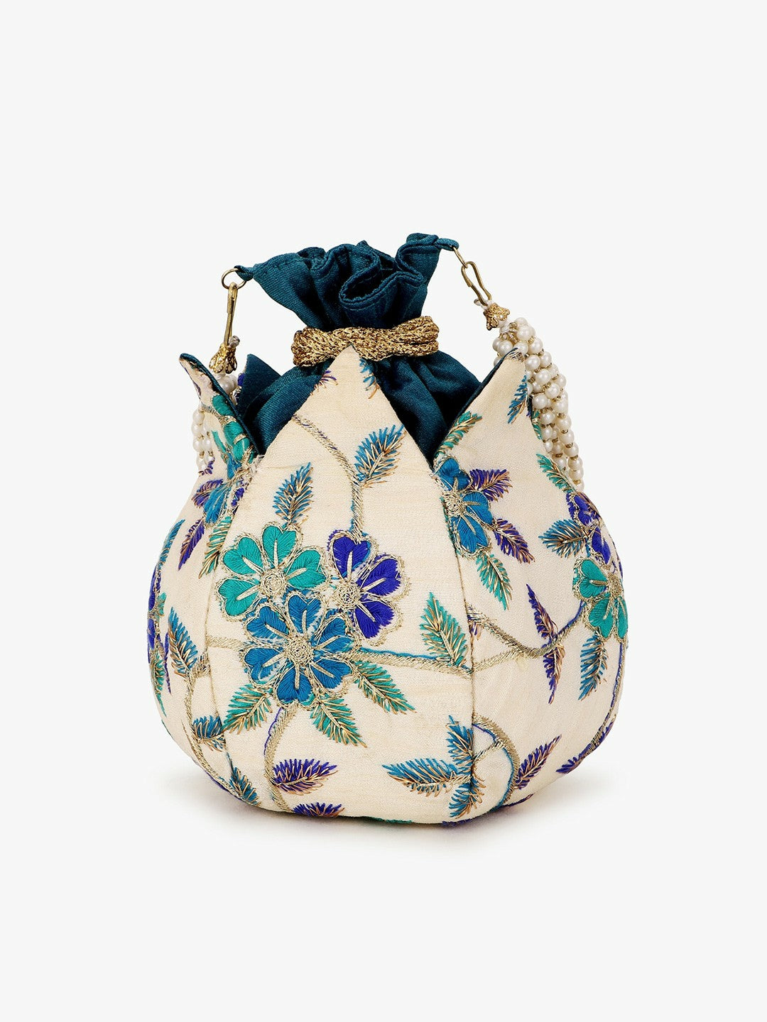 Cream & Blue Embroidered Tassel Potli Clutch – Elegant Faux Silk Bag with Wrist Loop