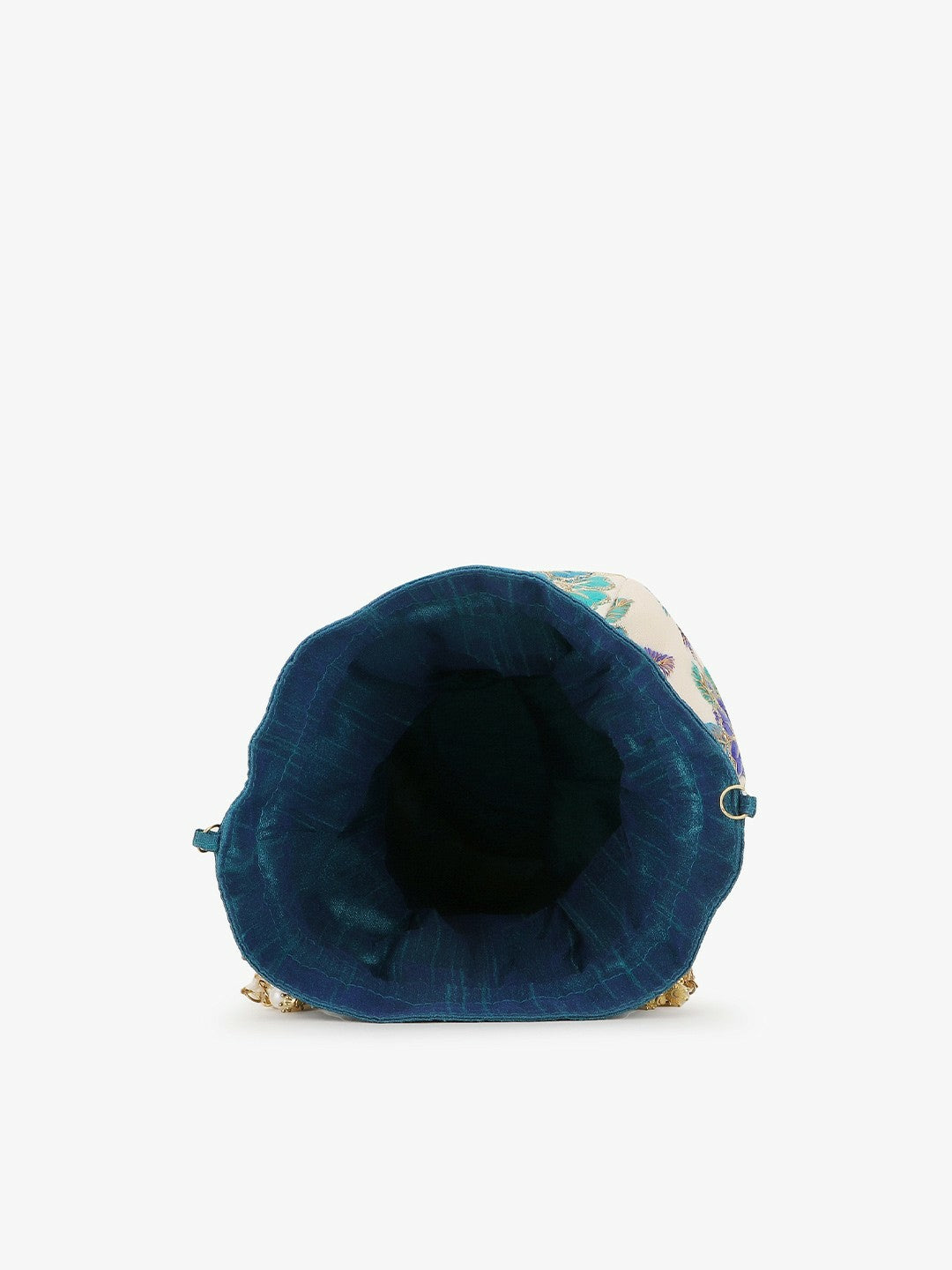 Cream & Blue Embroidered Tassel Potli Clutch – Elegant Faux Silk Bag with Wrist Loop