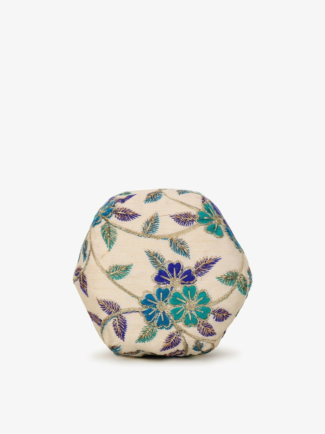 Cream & Blue Embroidered Tassel Potli Clutch – Elegant Faux Silk Bag with Wrist Loop
