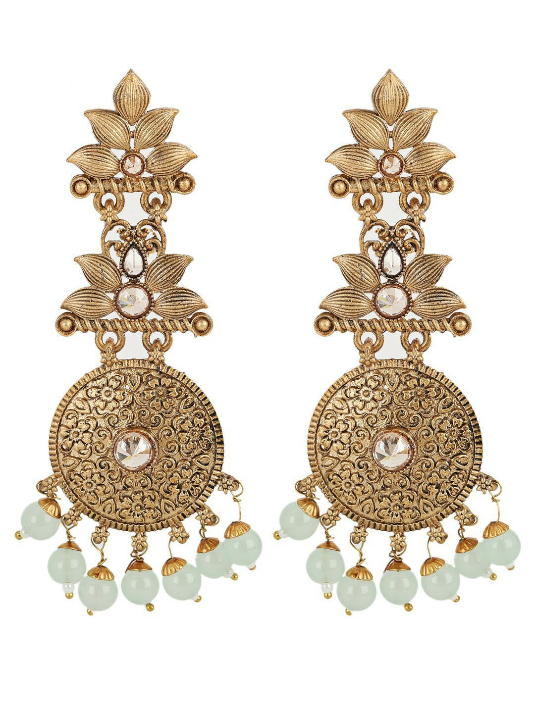 Gold-Plated Sea Green & Brown Stone Studded Drop Earrings