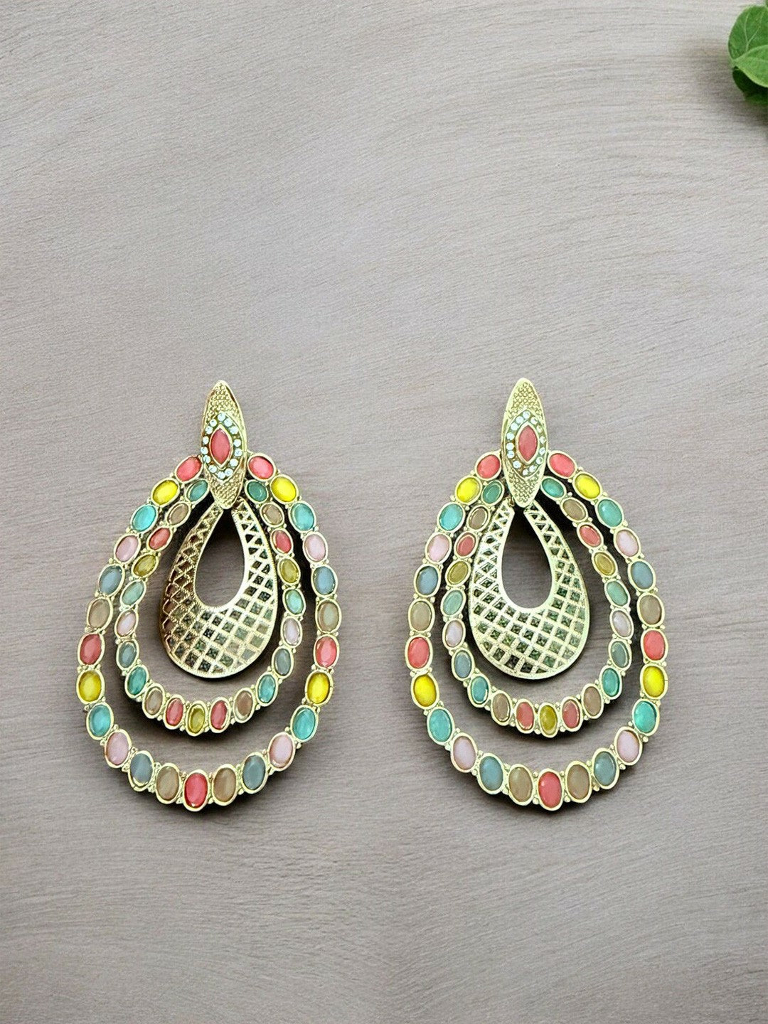 Artificial Stones Studded Teardrop Drop Earrings
