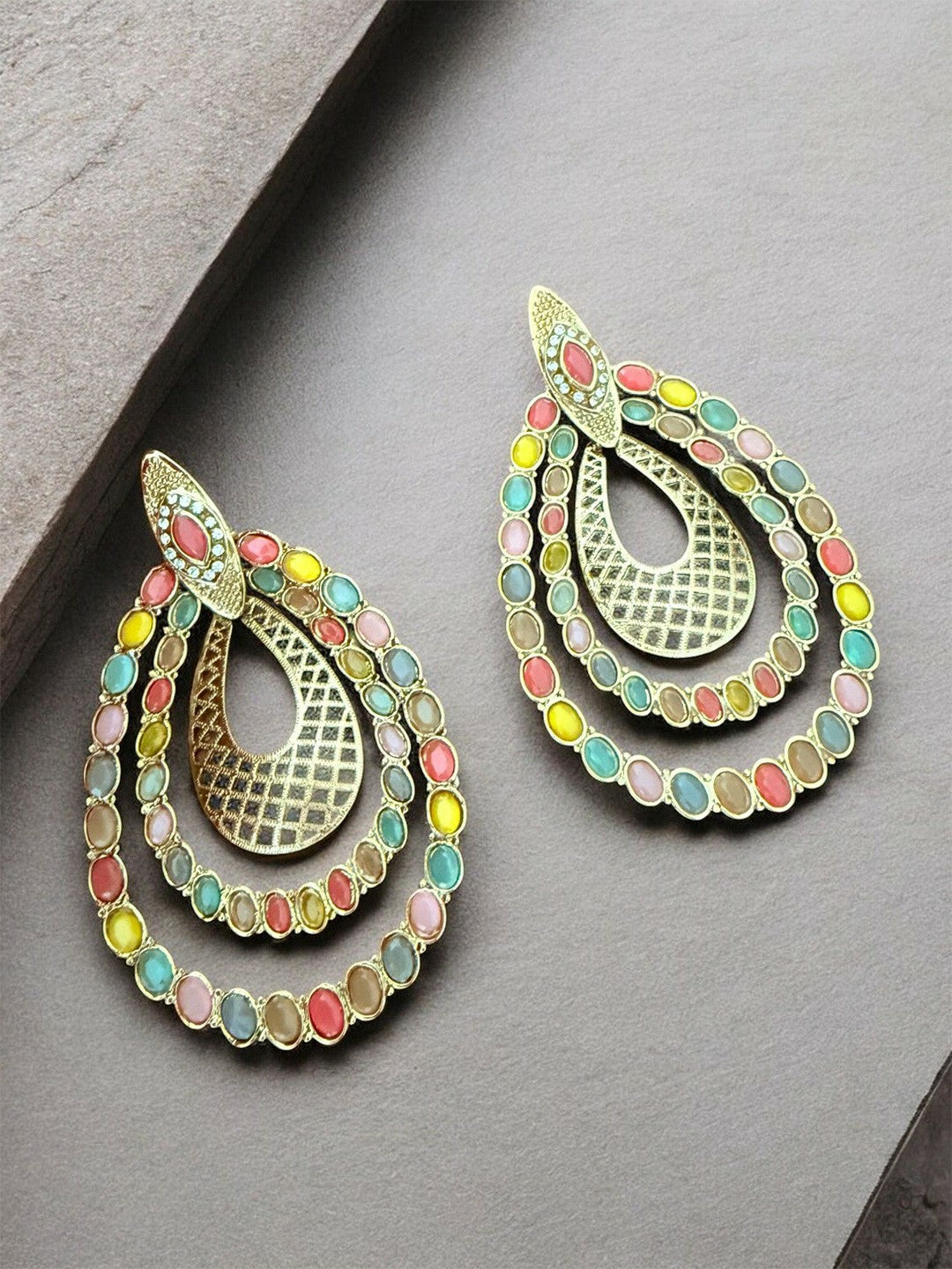 Artificial Stones Studded Teardrop Drop Earrings