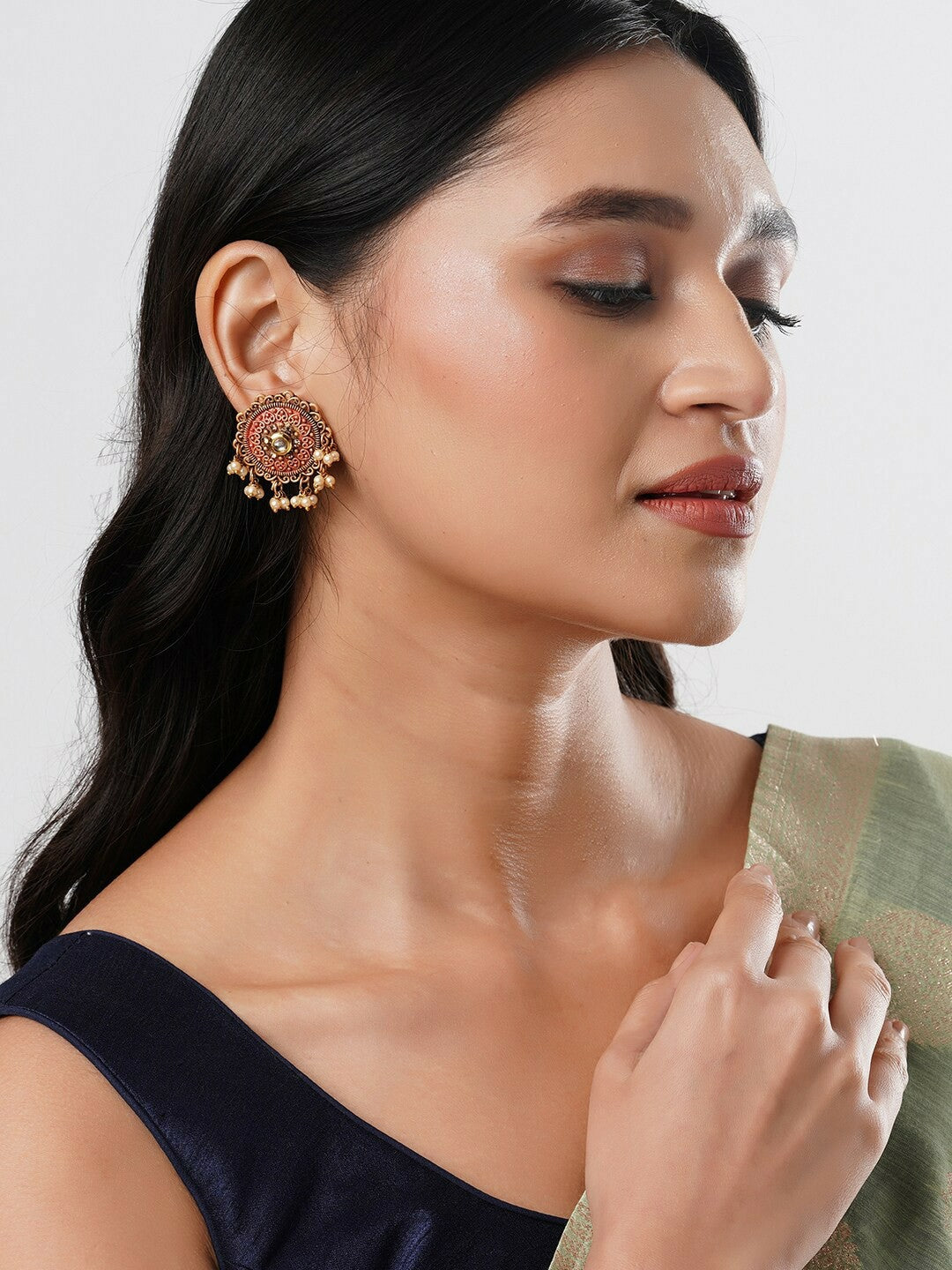 Silver-Toned Floral Drop Earrings with Bead Detailing