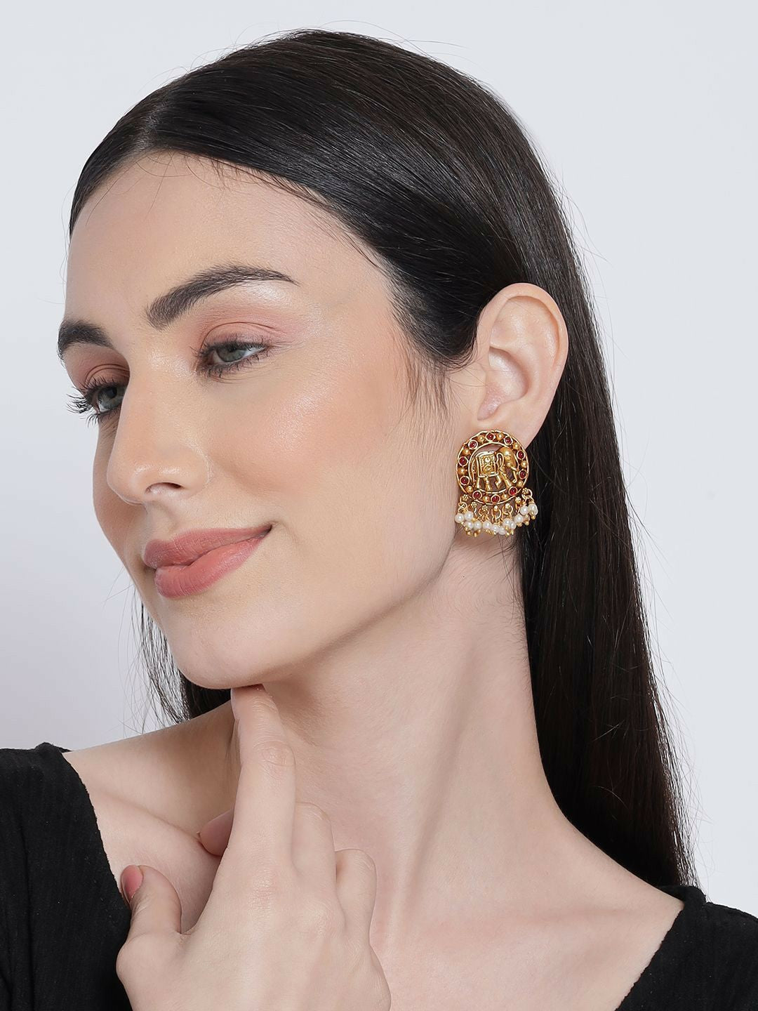 Gold-Plated Elephant Drop Earrings with Stones & Beads