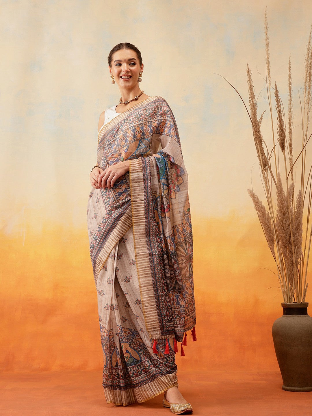 Grey & Pink Chanderi Saree – Abstract Print with Printed Border | Indiaista