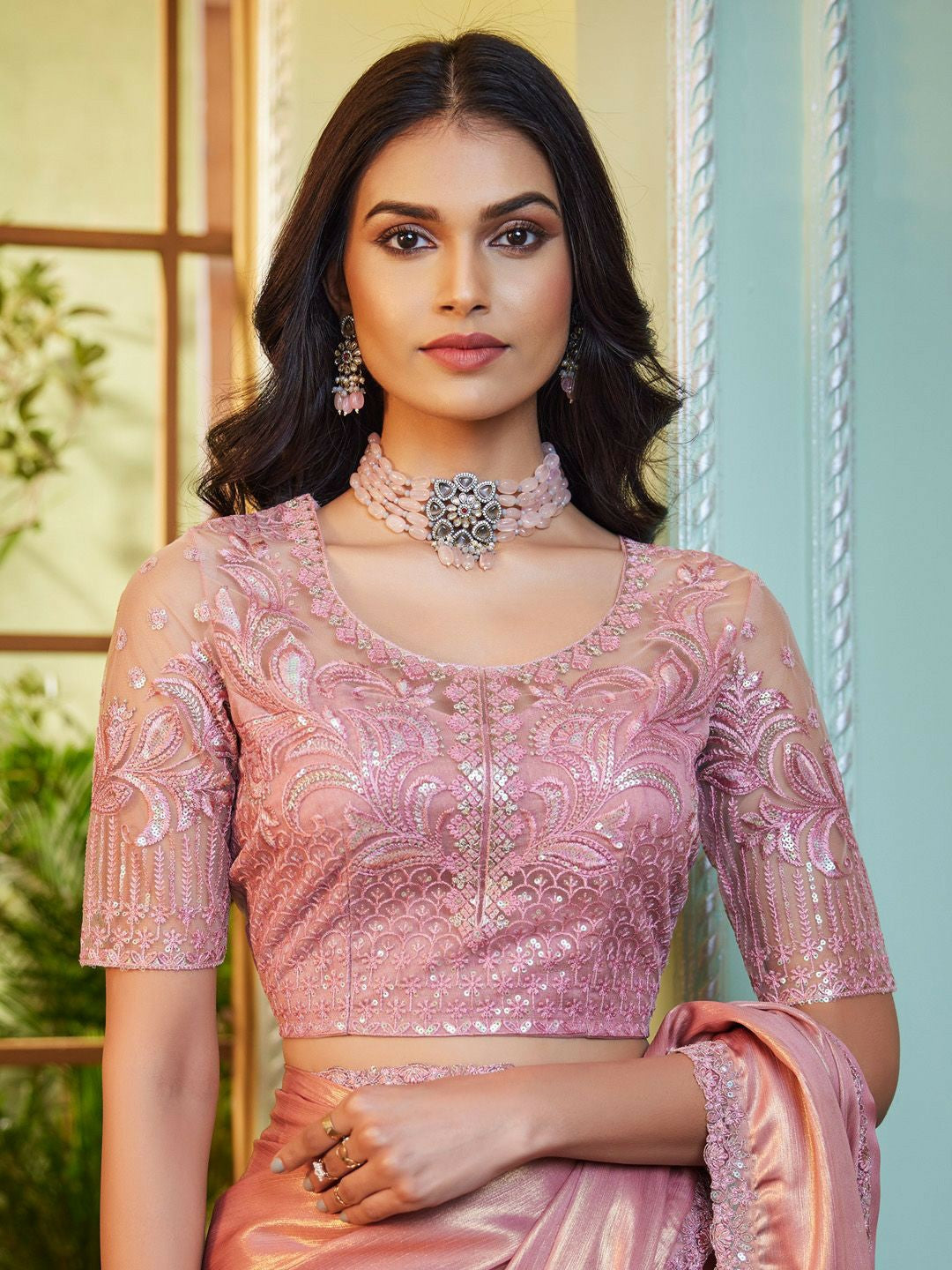 Pink Embellished Embroidered Poly Georgette Saree with Blouse Piece