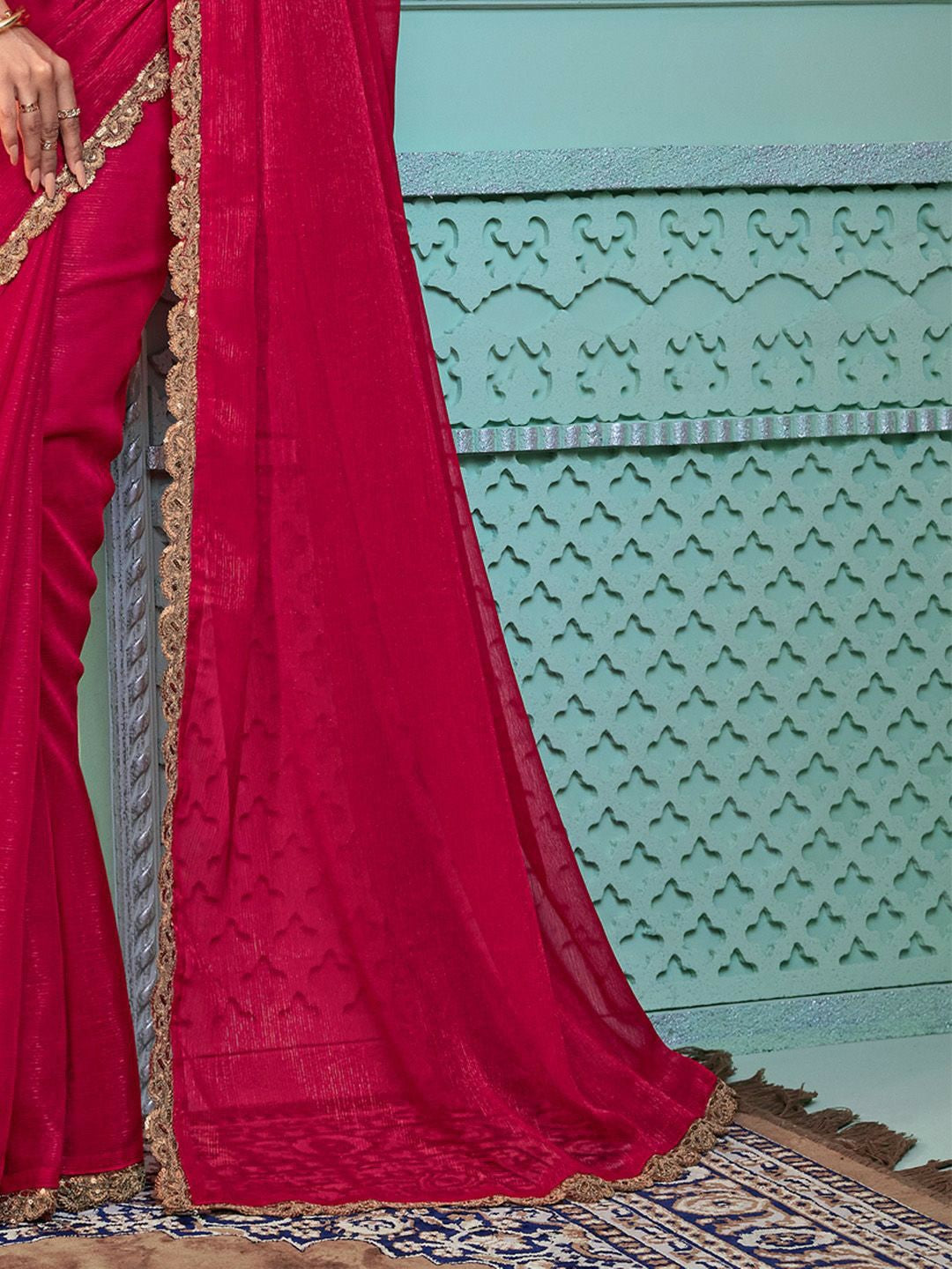 Embellished Pink & Gold Poly Georgette Saree with Blouse Piece