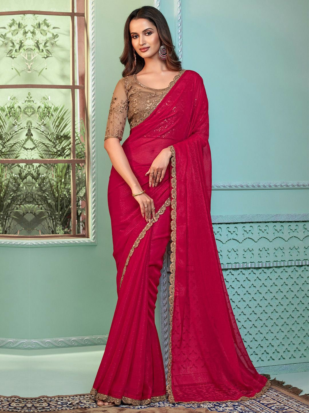 Embellished Pink & Gold Poly Georgette Saree with Blouse Piece