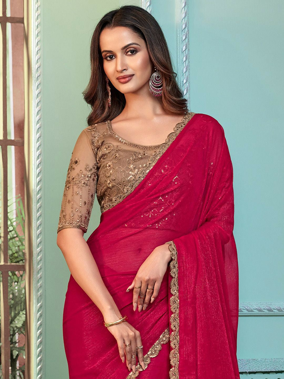Embellished Pink & Gold Poly Georgette Saree with Blouse Piece