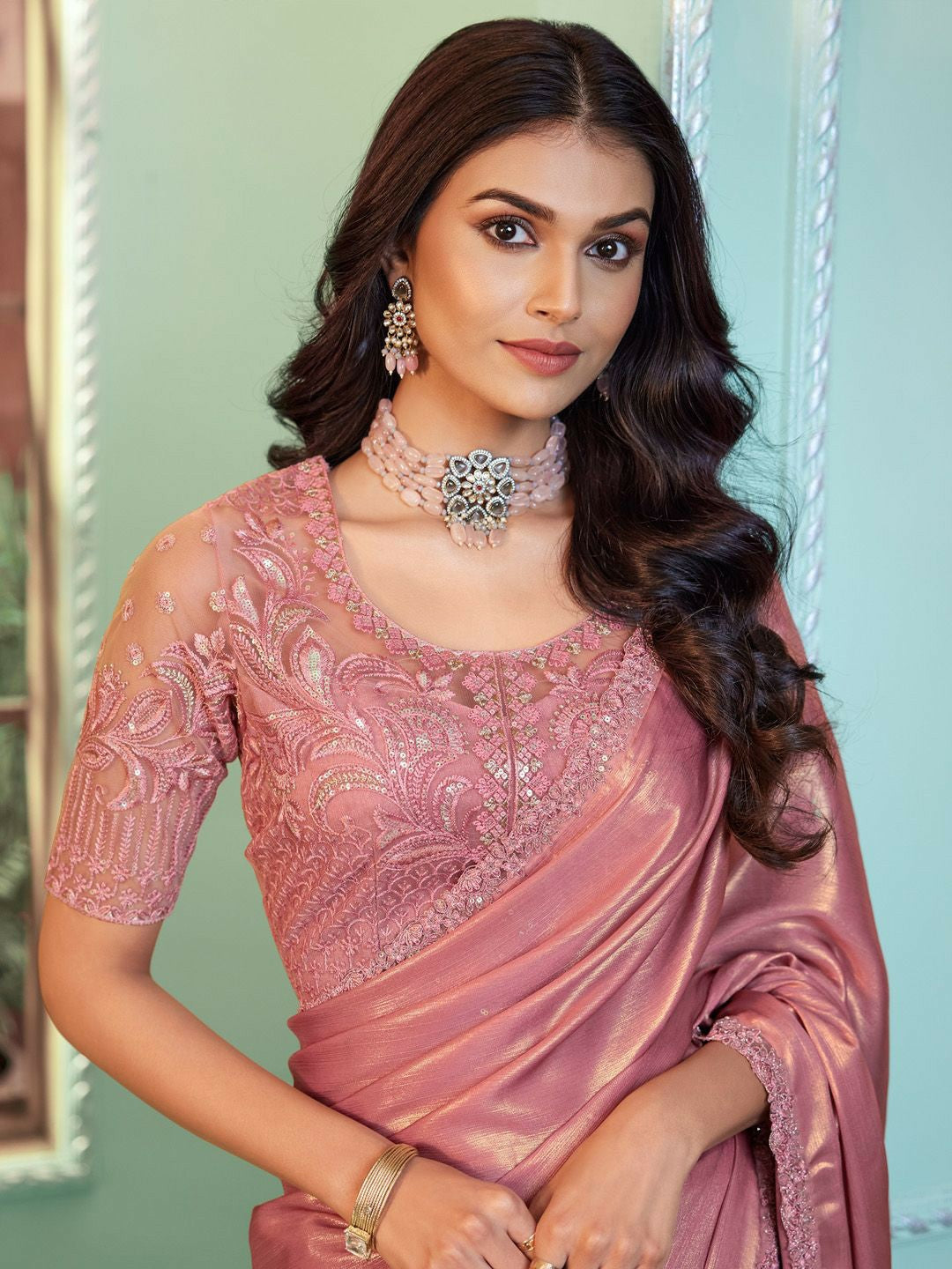 Pink Embellished Embroidered Poly Georgette Saree with Blouse Piece