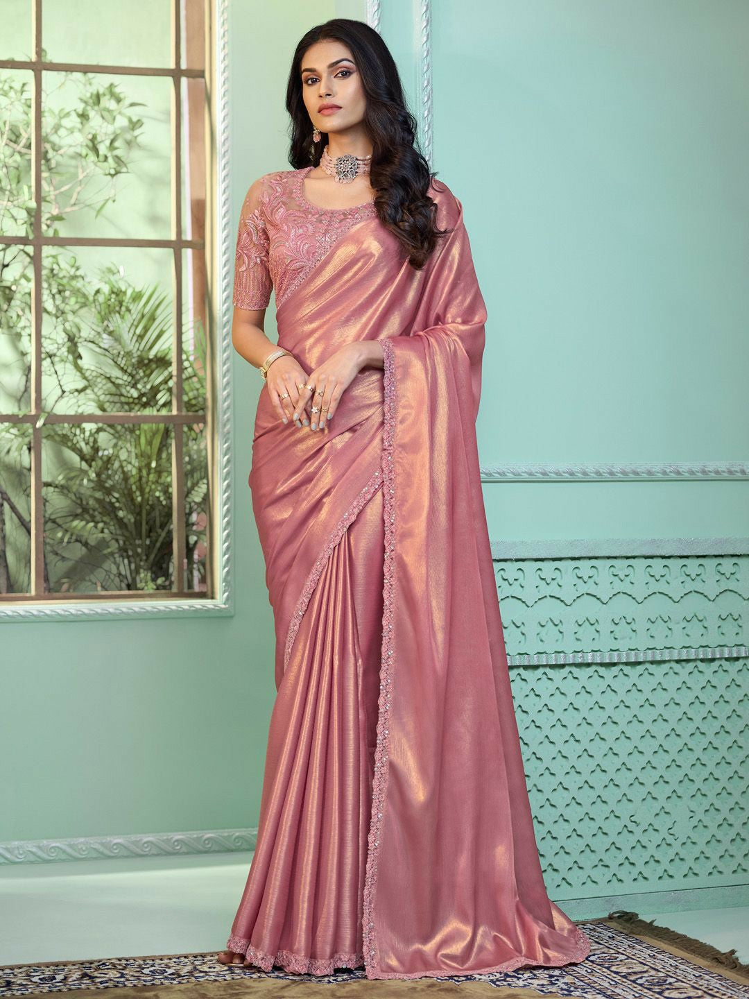 Pink Embellished Embroidered Poly Georgette Saree with Blouse Piece