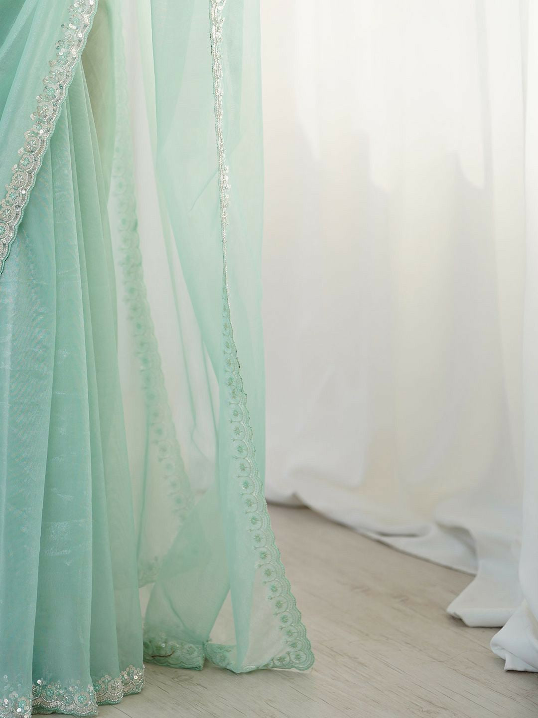 Turquoise Blue Beads & Stones Embellished Net Party Wear Saree