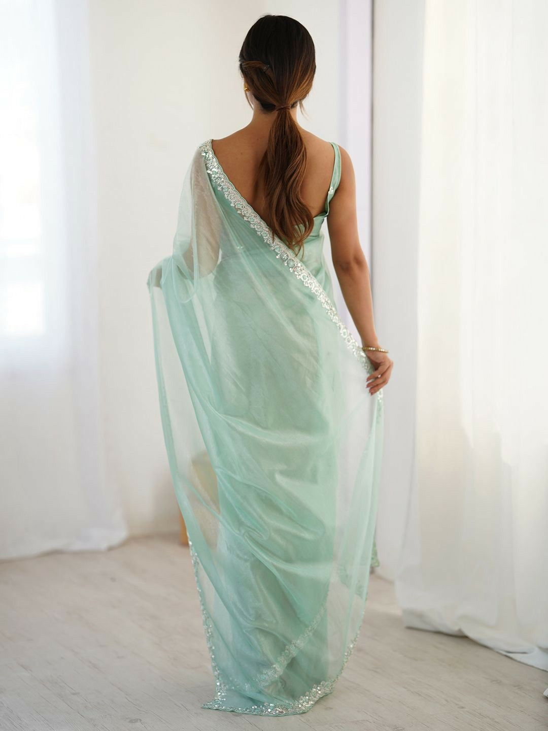 Turquoise Blue Beads & Stones Embellished Net Party Wear Saree