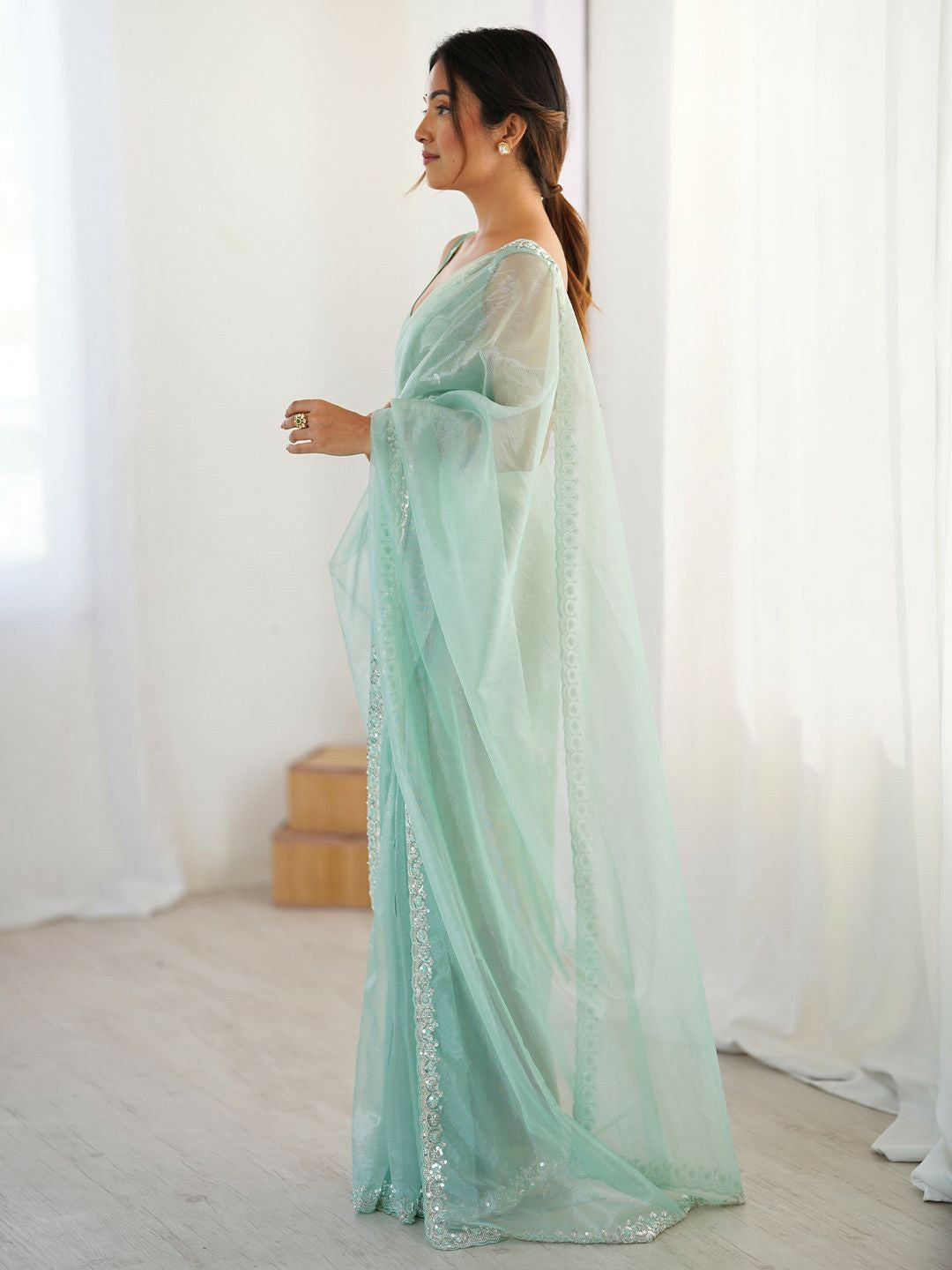 Turquoise Blue Beads & Stones Embellished Net Party Wear Saree