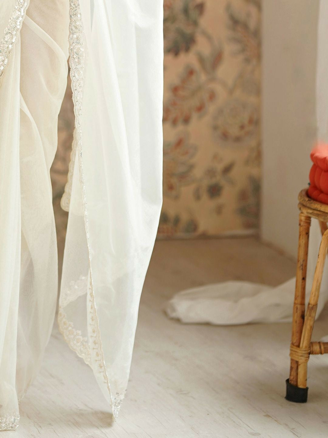 Embroidered Off White Net Saree with Beads and Stone Embellishment