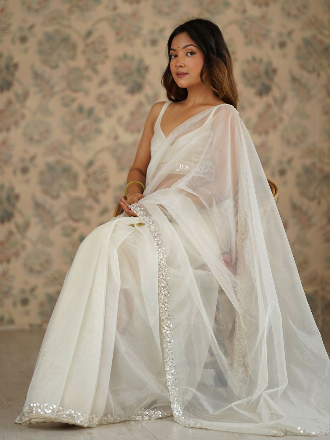 Embroidered Off White Net Saree with Beads and Stone Embellishment