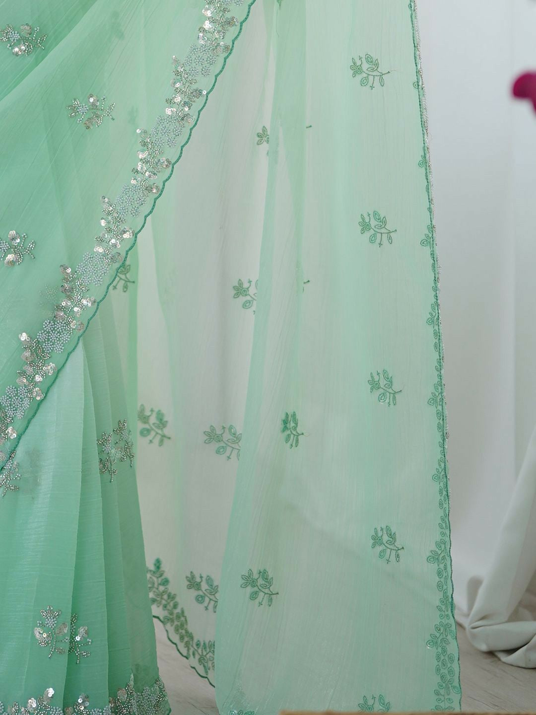Embellished Beads & Stones Pure Chiffon Designer Saree- Green & White