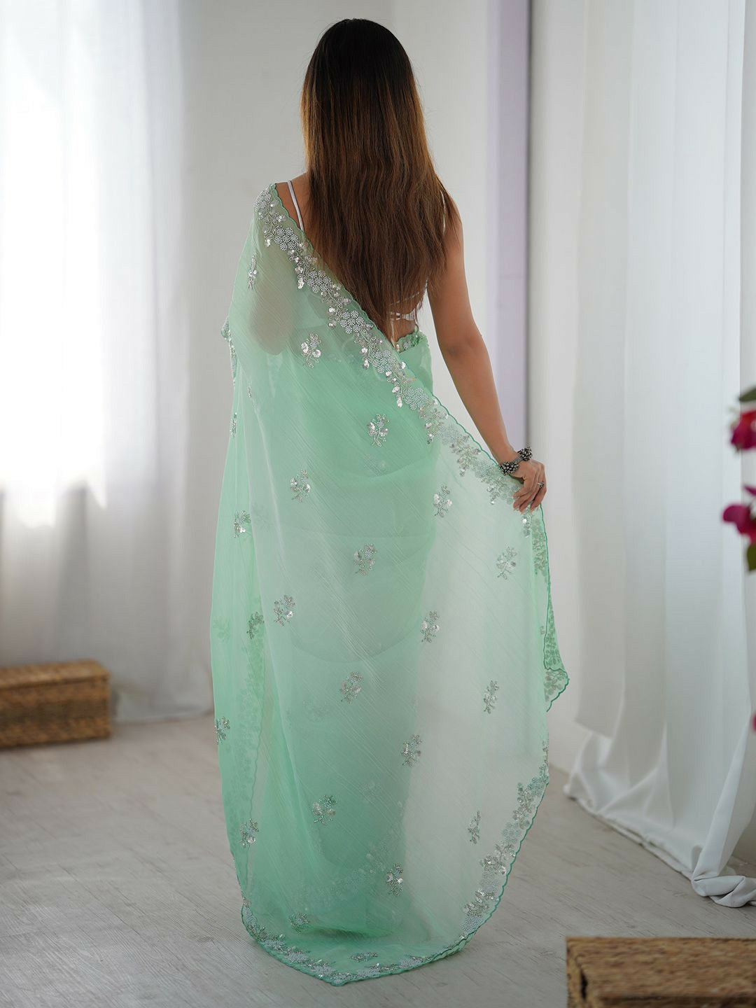 Embellished Beads & Stones Pure Chiffon Designer Saree- Green & White