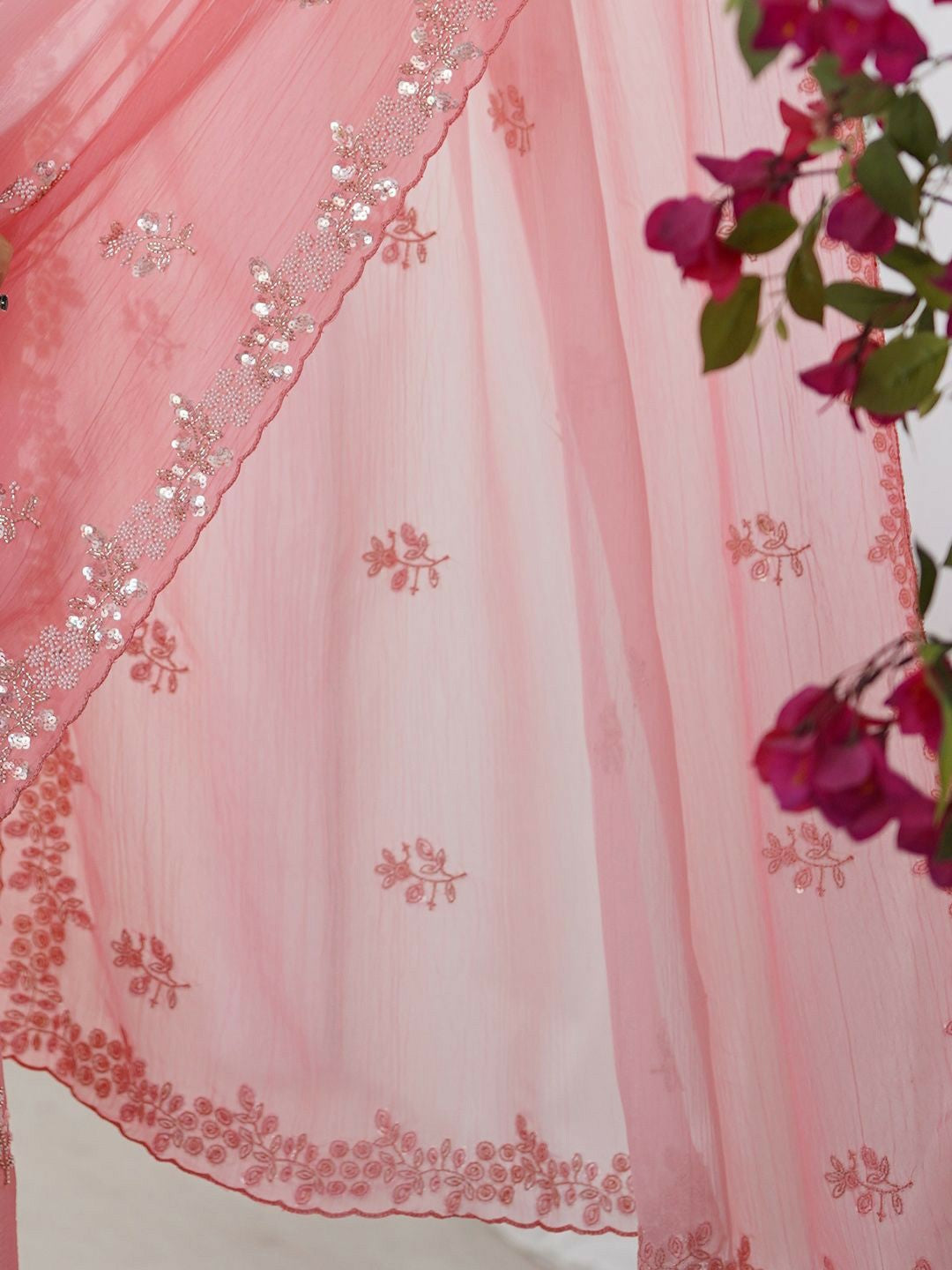 Pink & White Embellished Beads and Stones Pure Chiffon Saree