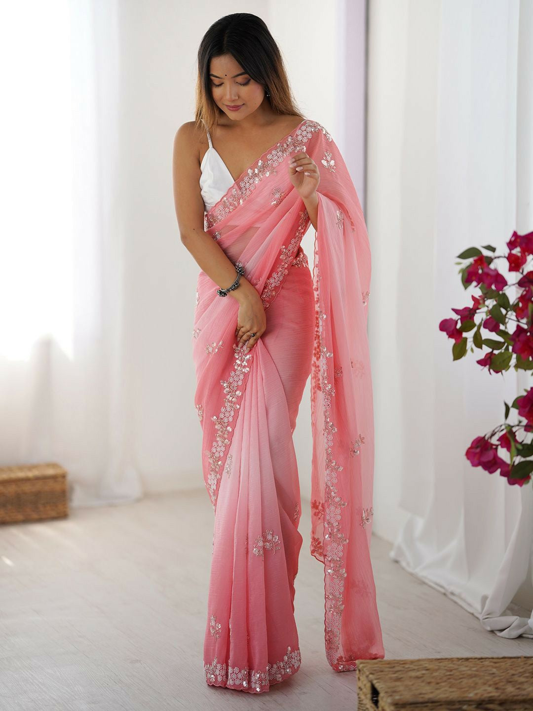 Pink & White Embellished Beads and Stones Pure Chiffon Saree