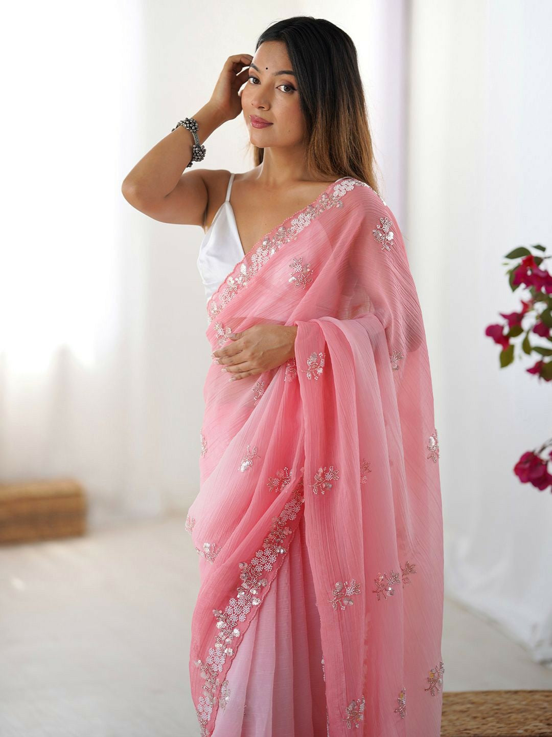 Pink & White Embellished Beads and Stones Pure Chiffon Saree