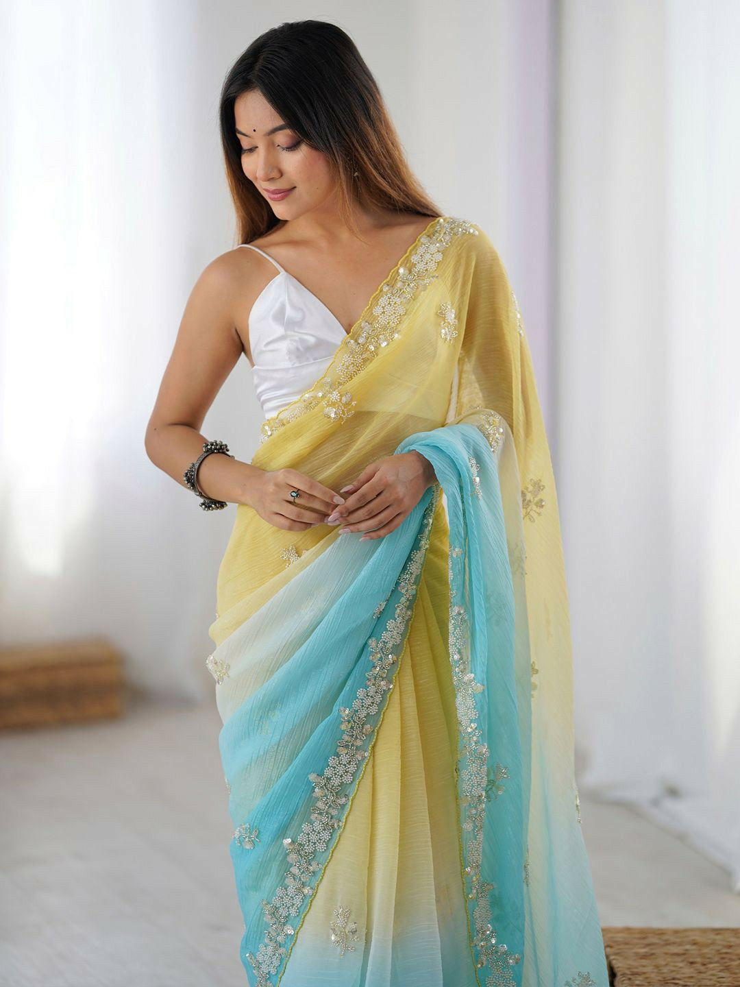 Embellished Beads & Stones Pure Chiffon Yellow & Blue Saree