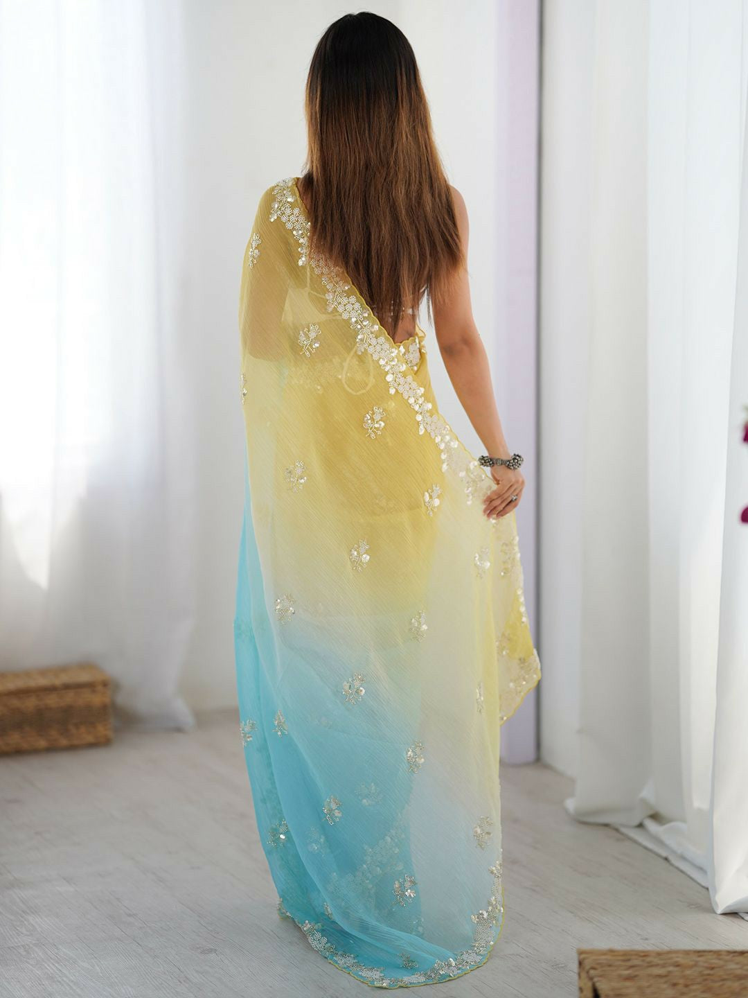 Embellished Beads & Stones Pure Chiffon Yellow & Blue Saree