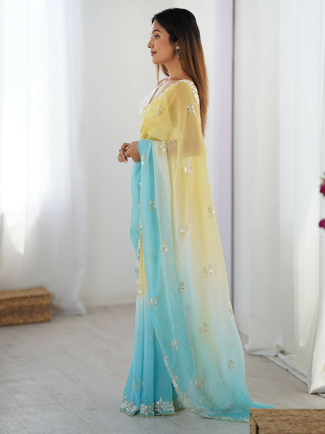 Embellished Beads & Stones Pure Chiffon Yellow & Blue Saree