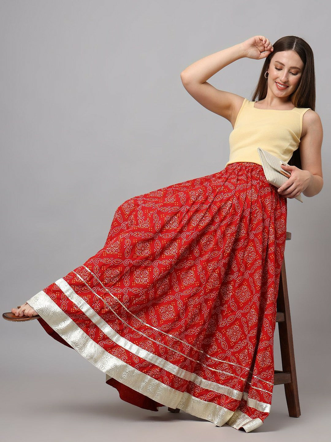 Vintage Bohemian Red Printed Flared Maxi Skirt for Women | Elastic Waistband Boho Style