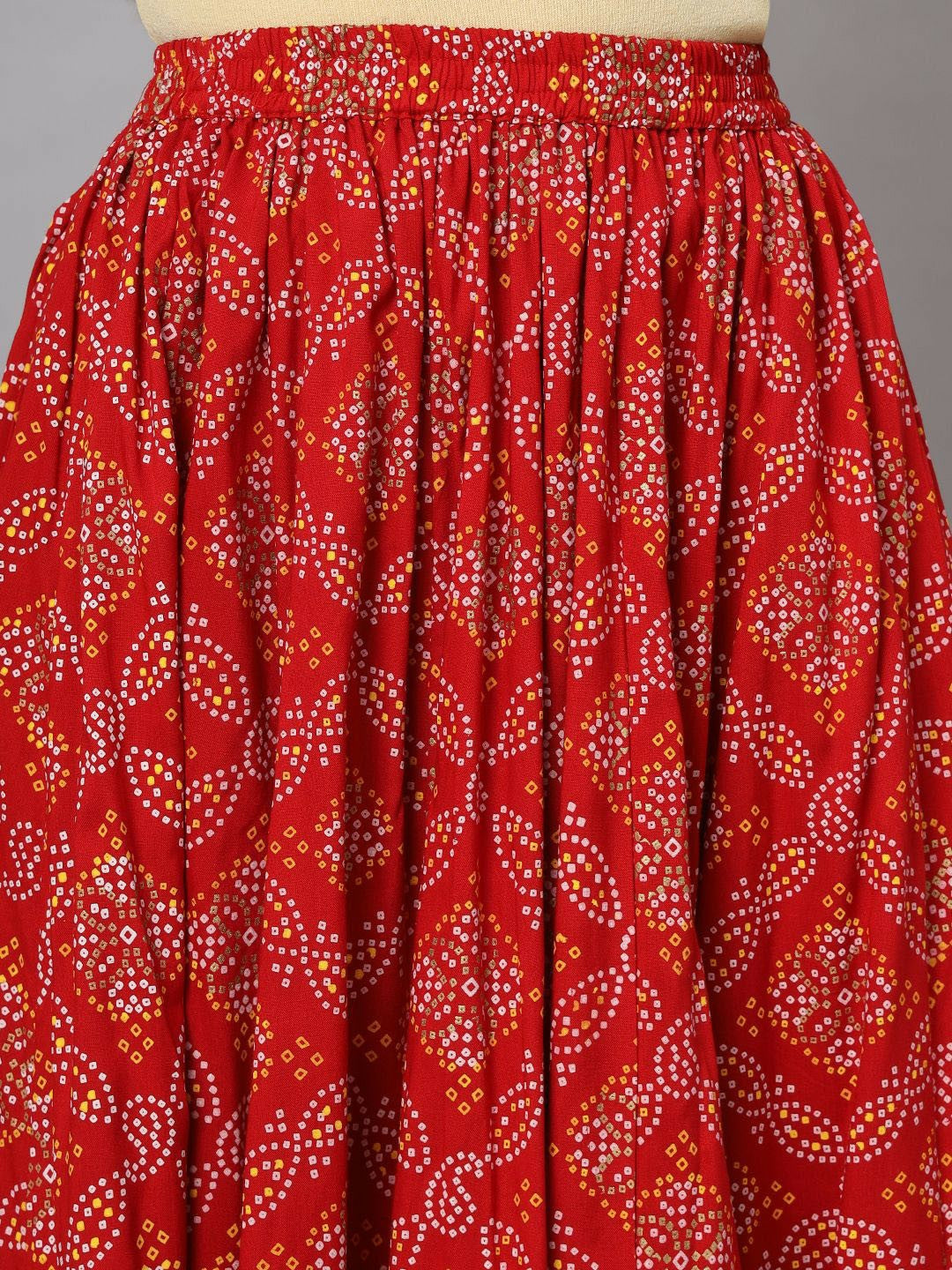 Vintage Bohemian Red Printed Flared Maxi Skirt for Women | Elastic Waistband Boho Style