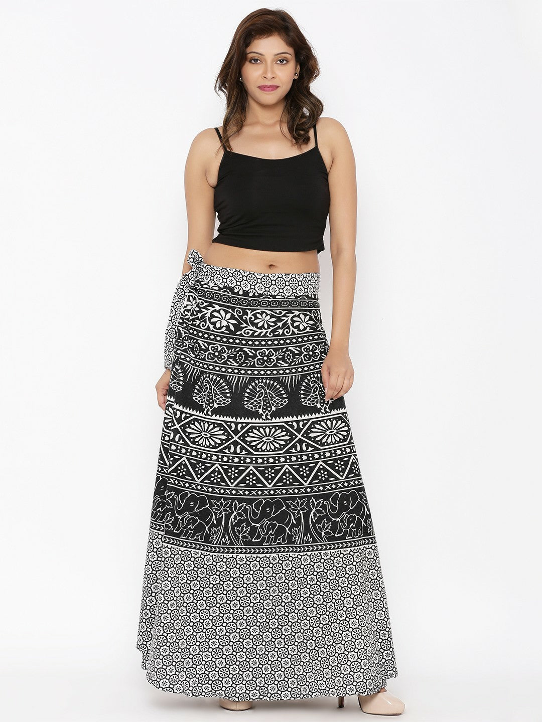Black & White Ethnic Print Wrap-Around Maxi Skirt | Vintage Bohemian Boho Style for Women