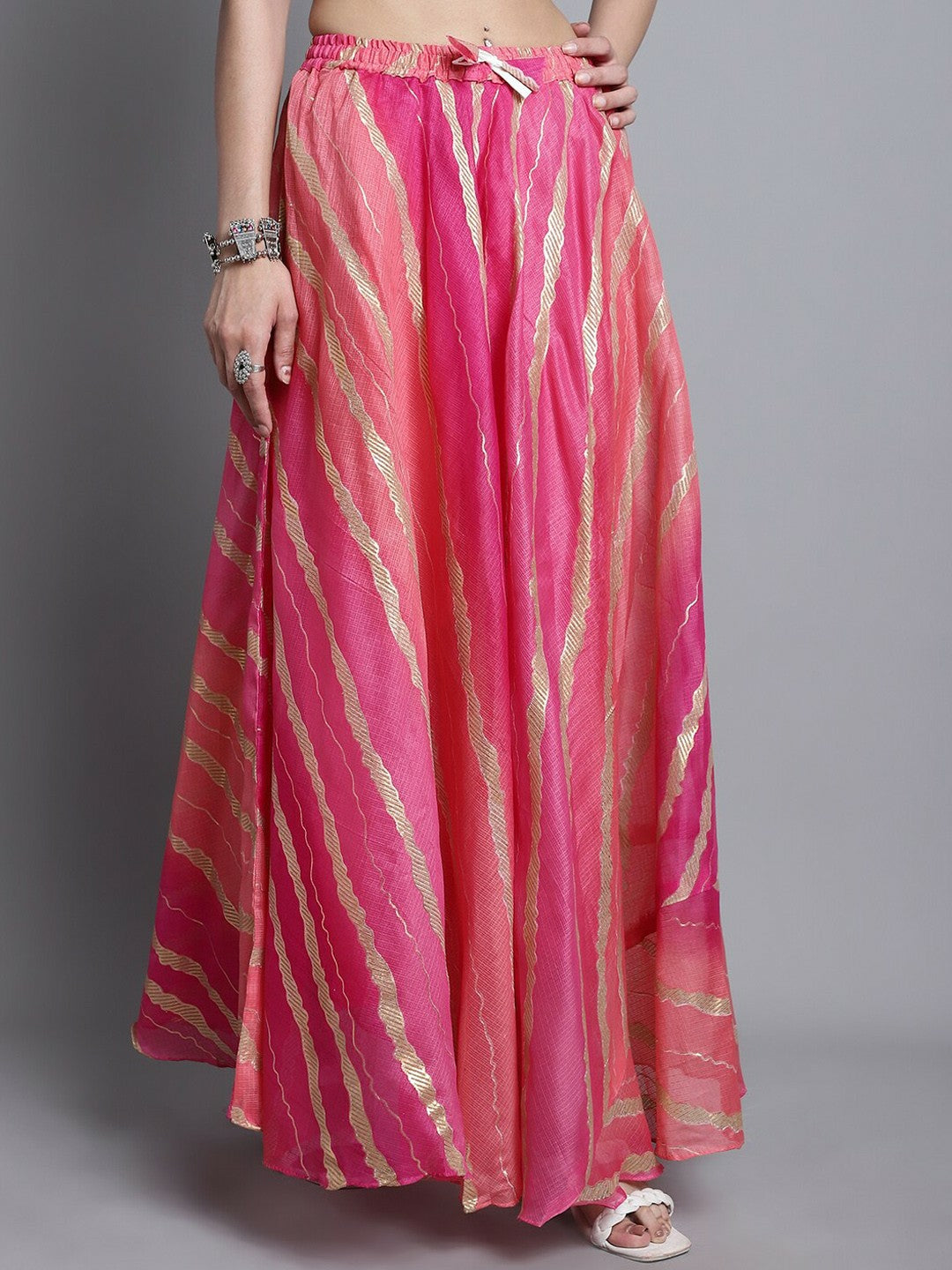 Vintage Bohemian Magenta & Gold Striped Cotton Maxi Skirt for Women | Flared Boho Style