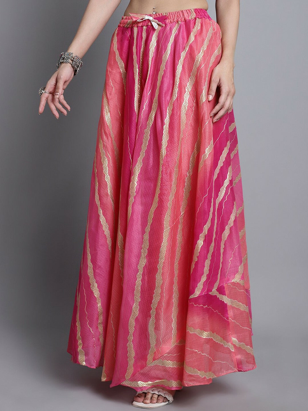 Vintage Bohemian Magenta & Gold Striped Cotton Maxi Skirt for Women | Flared Boho Style