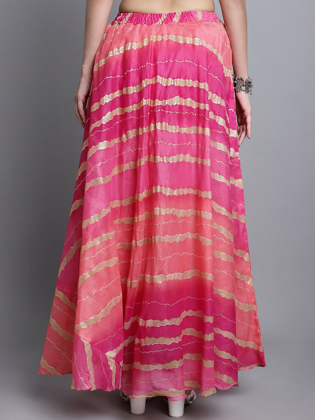 Vintage Bohemian Magenta & Gold Striped Cotton Maxi Skirt for Women | Flared Boho Style