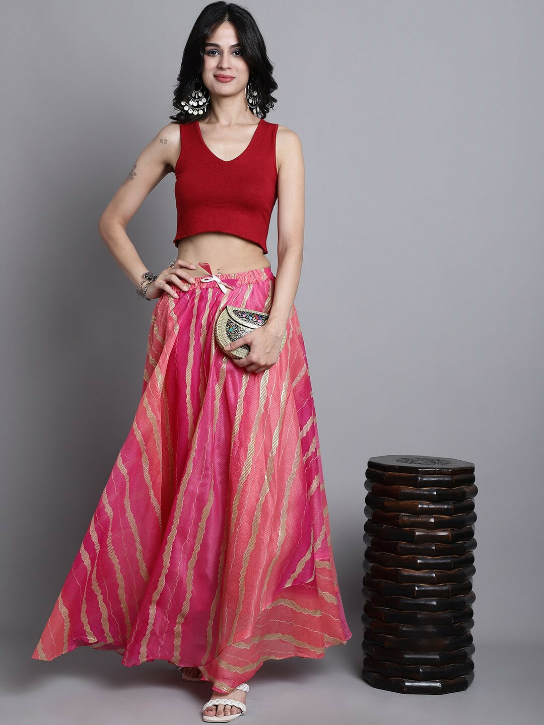 Vintage Bohemian Magenta & Gold Striped Cotton Maxi Skirt for Women | Flared Boho Style
